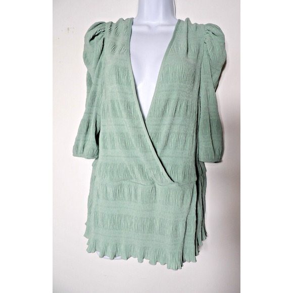 Asos Curve Design Sz 18 Top Blouse Shirt Crinkle Mint Green Deep V Puff Sleeve - Picture 2 of 13